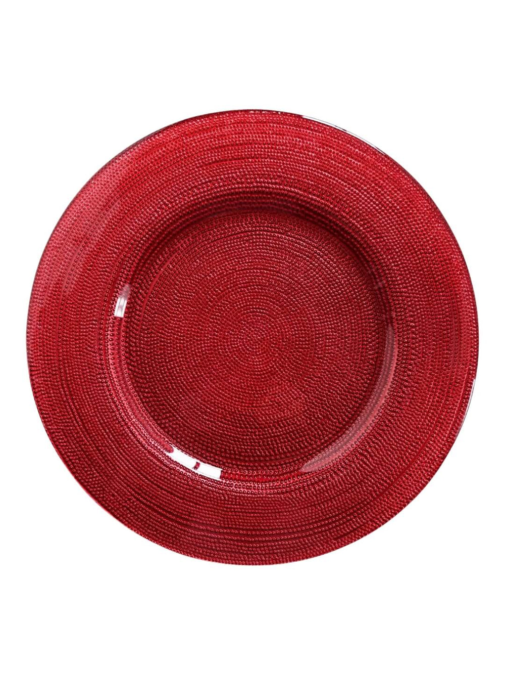 The Elodie Red Charger Plate features a round shape, textured beaded surface, and glossy finish, displayed against a white background.