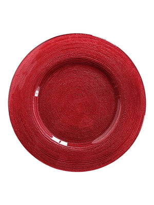 The Elodie Red Charger Plate features a round shape, textured beaded surface, and glossy finish, displayed against a white background.