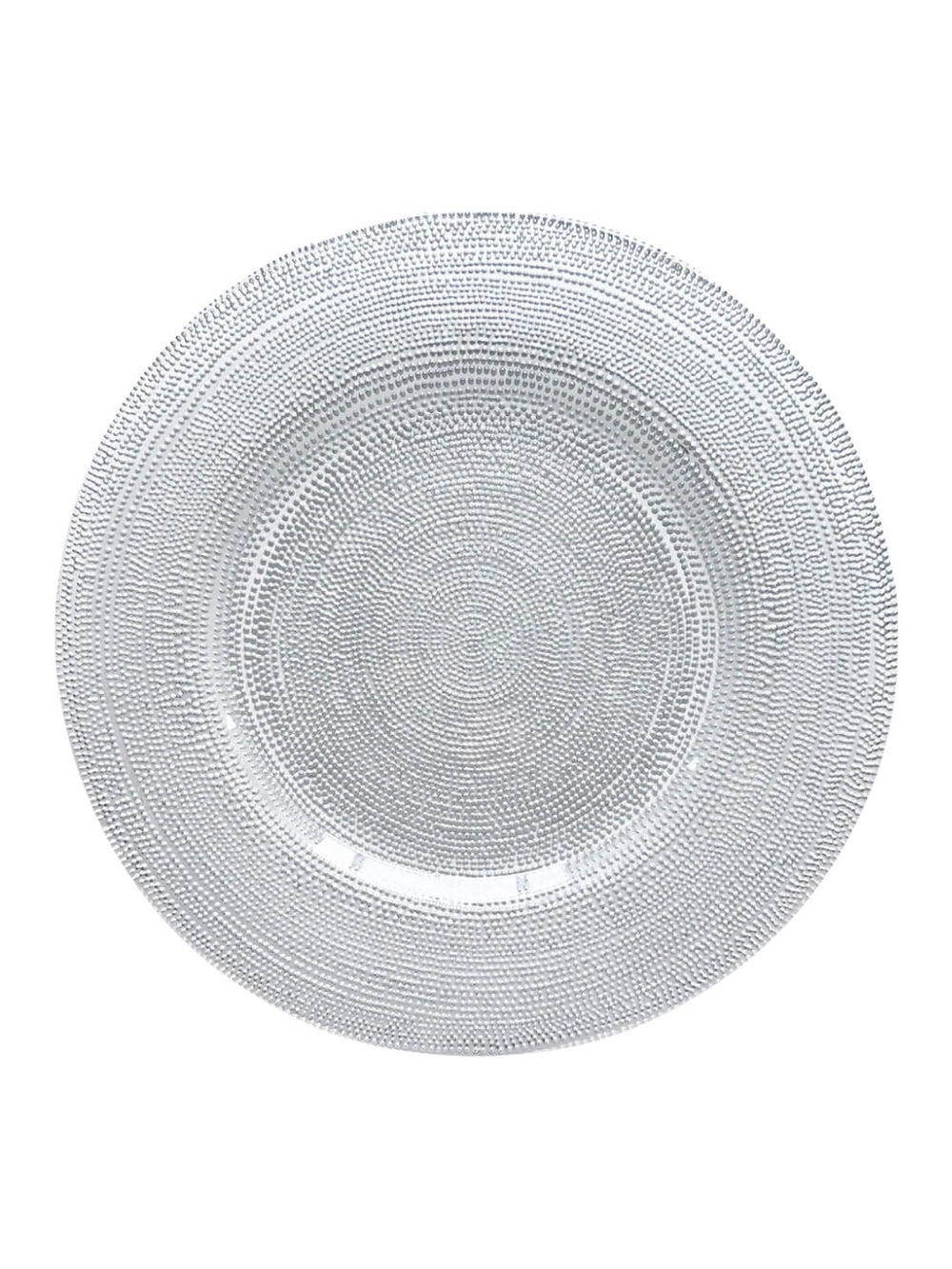 The Elodie Silver Charger Plate is a round, clear glass plate featuring a concentric dotted pattern—ideal for elegant table decor or as a modern tablescape accent, shown from above on a white background.