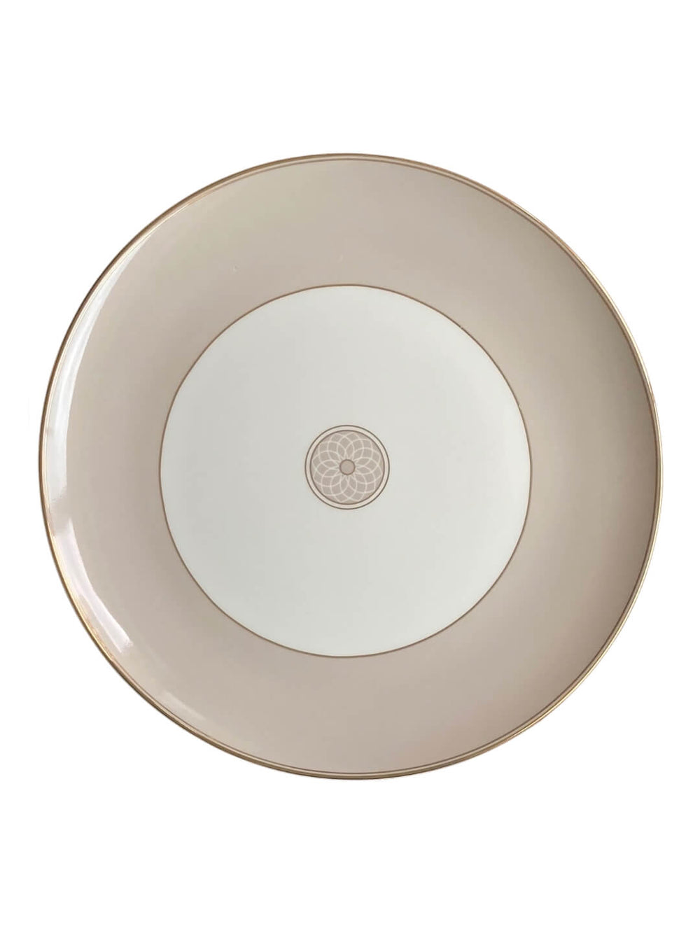 The Grace Charger Plate is a round, beige porcelain charger with a white center, gold rim, and elegant floral pattern—an ideal choice to enhance your luxury tableware collection.