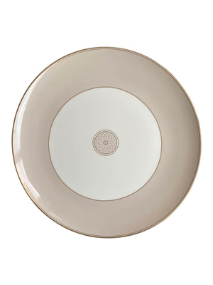 The Grace Charger Plate is a round, beige porcelain charger with a white center, gold rim, and elegant floral pattern—an ideal choice to enhance your luxury tableware collection.