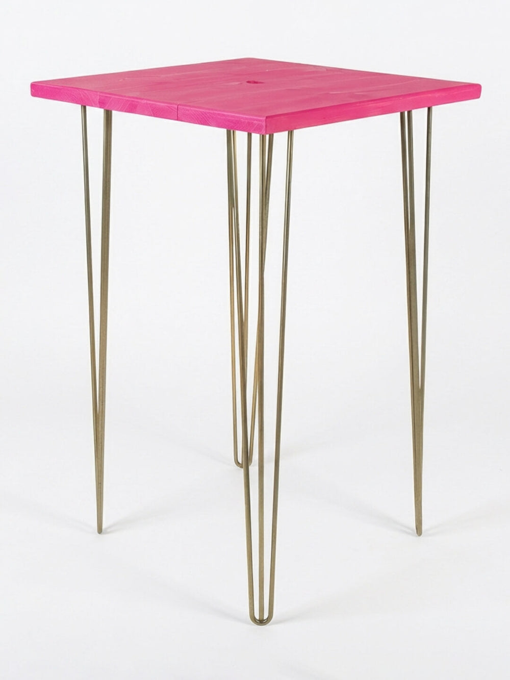 A compact square table from the Hairpin Bar Table Collection, featuring a light wood top and three slim brass-finished legs, displayed against a plain white background.