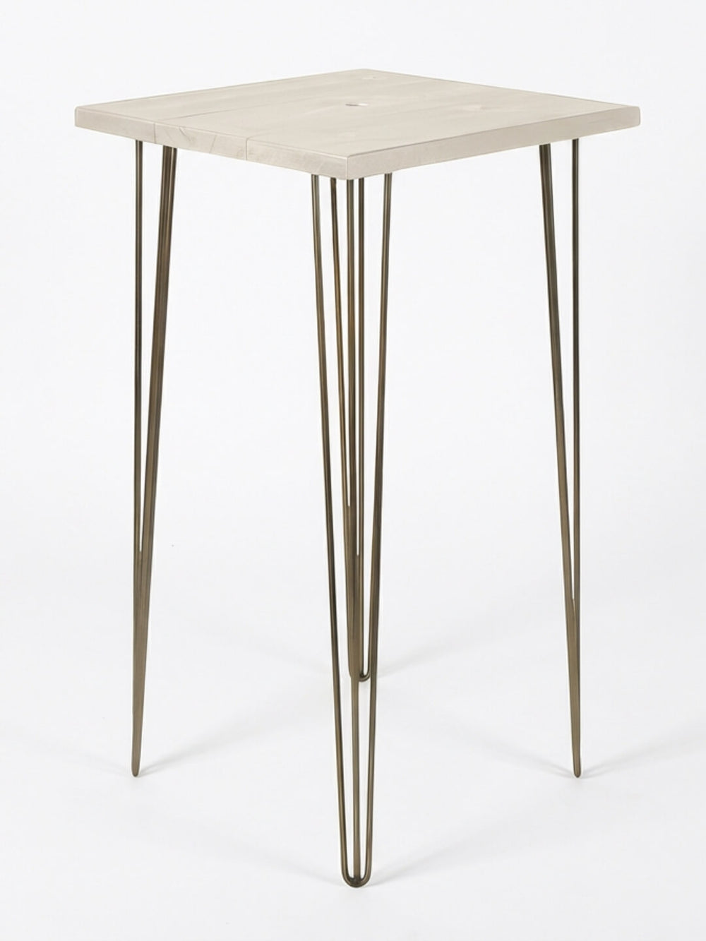 A compact square table from the Hairpin Bar Table Collection, featuring a light wood top and three sleek metallic hairpin legs against a plain white backdrop—perfect as vibrant event furniture or a chic bar table.