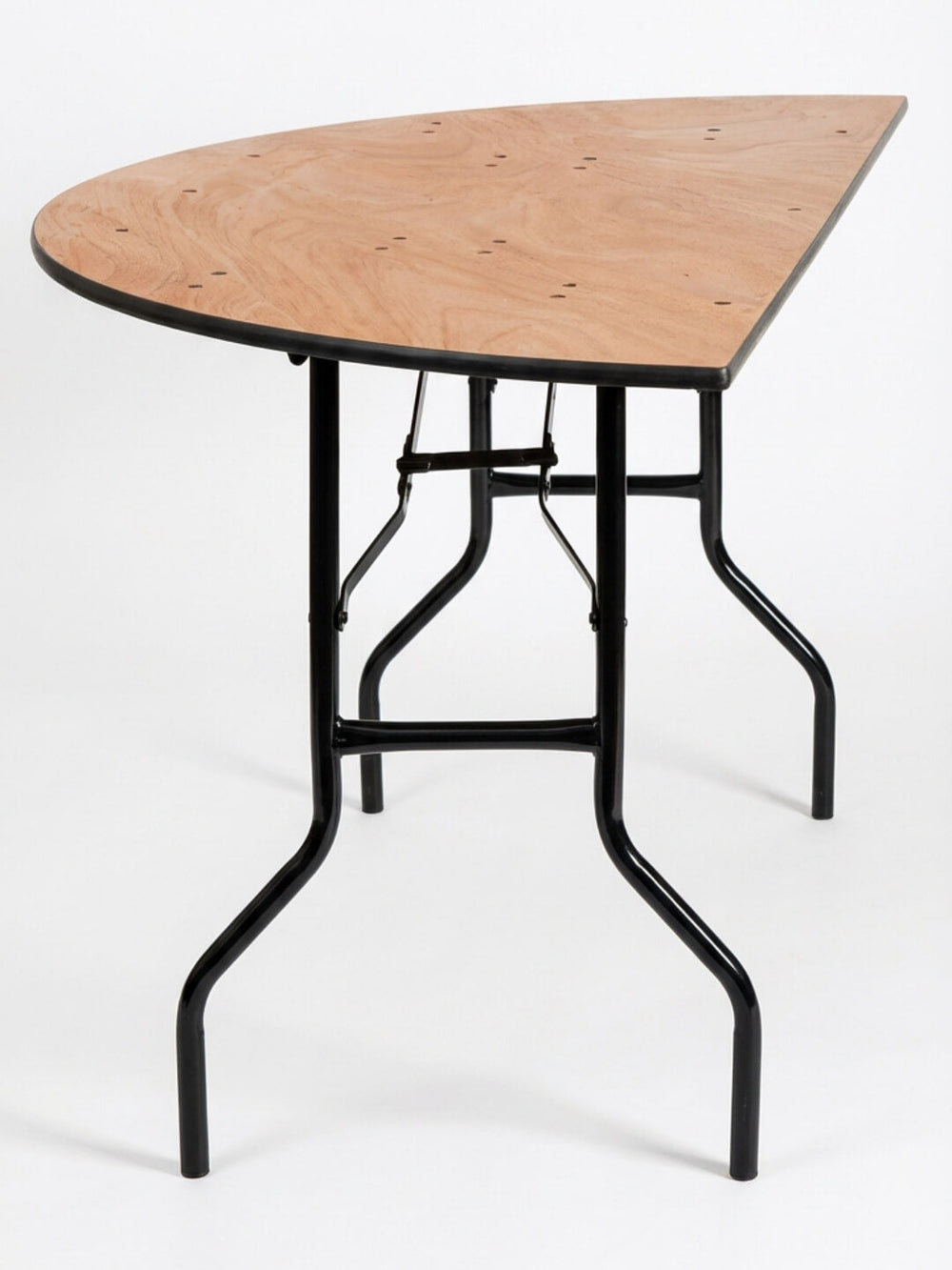 The Half Round Tables feature a half-circle wooden top in light brown with black metal folding legs, ideal for event furniture, shown against a plain white background.