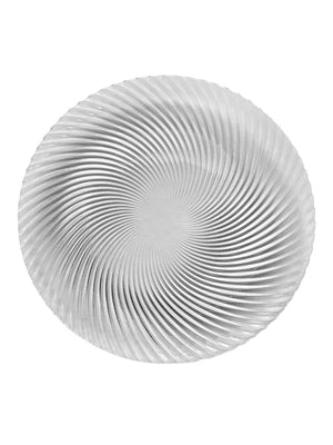 The Helix Charger Plate is a round, white plate featuring a spiral textured pattern that radiates from the center, giving it a dynamic, three-dimensional look with a swirling optical effect. This modern tableware piece elevates any table setting.