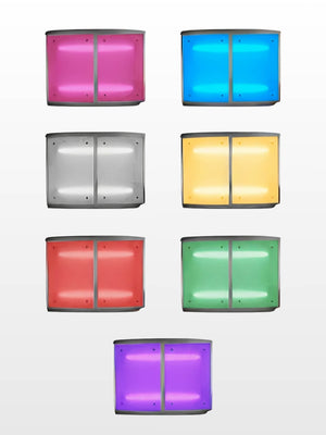 Seven rectangular canopy lights—each glowing pink, blue, white, yellow, red, green, or purple—shine in a grid against a light gradient background, ideal for accenting your Illuminated Stainless Steel Bar at any modular event setup.