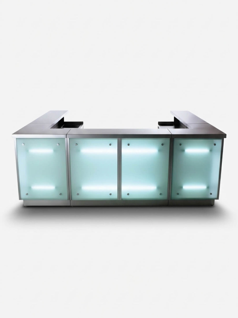 The Illuminated Stainless Steel Bar features a sleek metal frame and frosted glass panels lit by LED lights, creating a modern look reminiscent of a stylish bar, showcased against a plain white background.