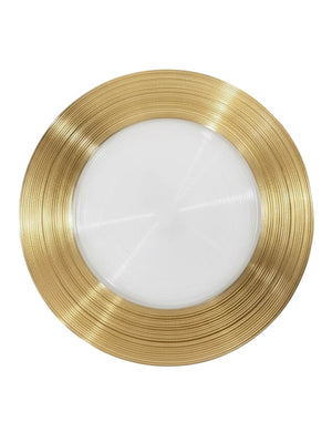 The Imperial Gold Charger Plate is a round luxury plate with a white center and a textured metallic gold rim, shown from above against a white background.