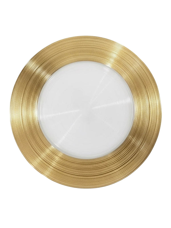 The Imperial Gold Charger Plate is a round luxury plate with a white center and a textured metallic gold rim, shown from above against a white background.