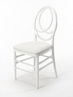 The Infinity Chair is a white wooden chair with a customizable cushioned seat pad and an oval backrest of interlocking circles, featuring four straight legs and minimalist elegance—perfect for events.