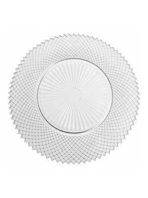 The Lattice Charger Plate is a clear glass plate with a sunburst center and geometric diamond-patterned rim, shown in a top-down view against a white background.