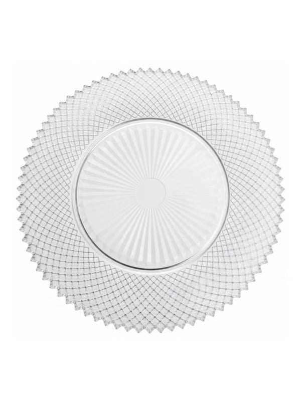 The Lattice Charger Plate is a clear glass plate with a sunburst center and geometric diamond-patterned rim, shown in a top-down view against a white background.