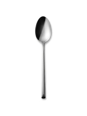 A single stainless steel spoon with a rounded bowl and long handle from the Leo Silver Cutlery Range, featuring modern elegance, displayed on a plain white background.