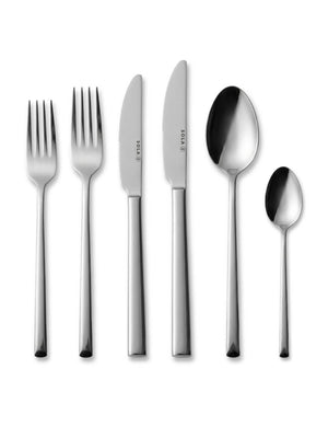 Six pieces from the Leo Silver Cutlery Range—two forks, two knives, one tablespoon, and one teaspoon—are arranged side by side on a white background. Sleek, straight stainless steel handles showcase modern elegance.