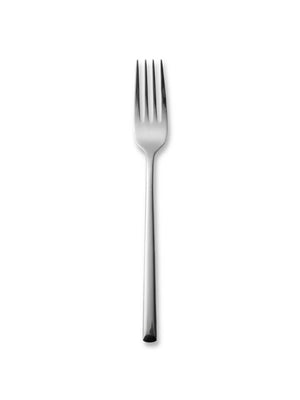 A stainless steel fork with four tines from the Leo Silver Cutlery Range is centered on a plain white background, highlighting its modern elegance.