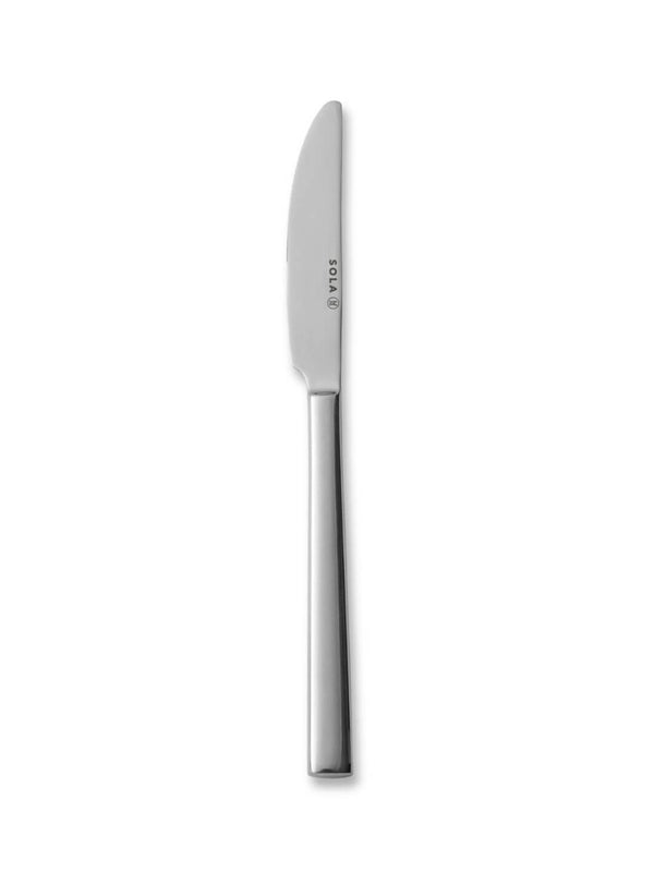 A butter knife from the Leo Silver Cutlery Range, crafted in stainless steel with a rounded tip and polished handle, stands vertically on a plain white background.