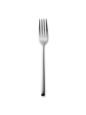 A single stainless steel fork from the Leo Silver Cutlery Range, featuring modern elegance, is centered on a plain white background.