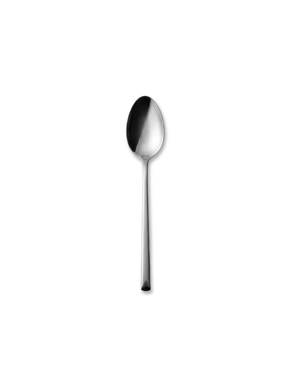A stainless steel spoon from the Leo Silver Cutlery Range, shown on a plain white background, features a reflective surface and captures modern elegance.