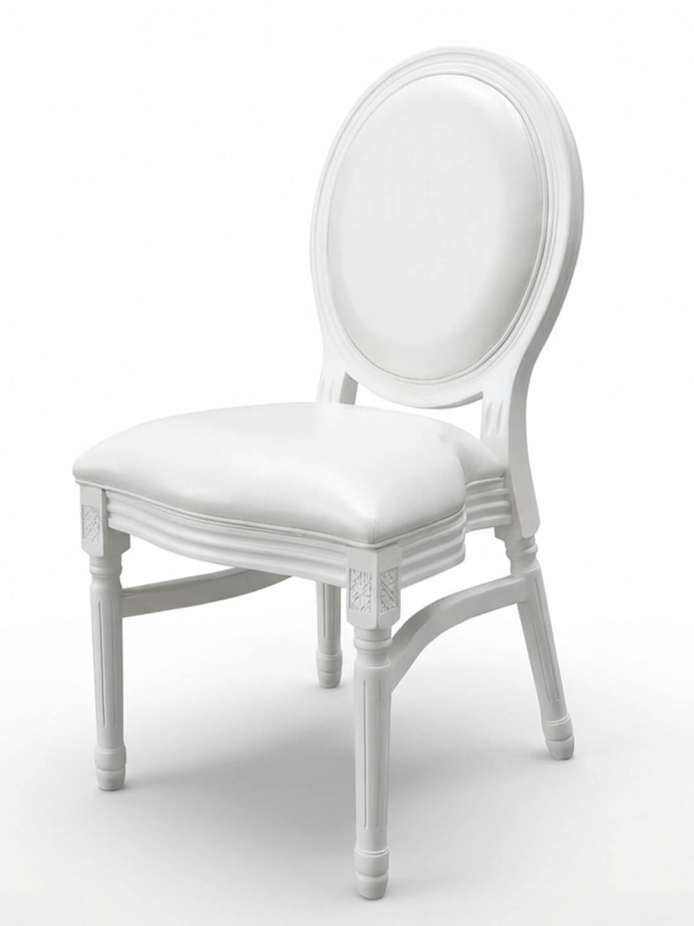 The Louis Chair features an oval backrest, cushioned seat, elegant carved details, and four tapered legs—a classic French style perfect for weddings—shown against a plain white background.