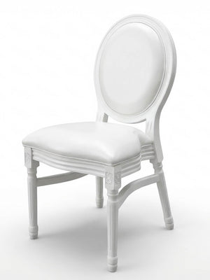 The Louis Chair features an oval backrest, cushioned seat, elegant carved details, and four tapered legs—a classic French style perfect for weddings—shown against a plain white background.