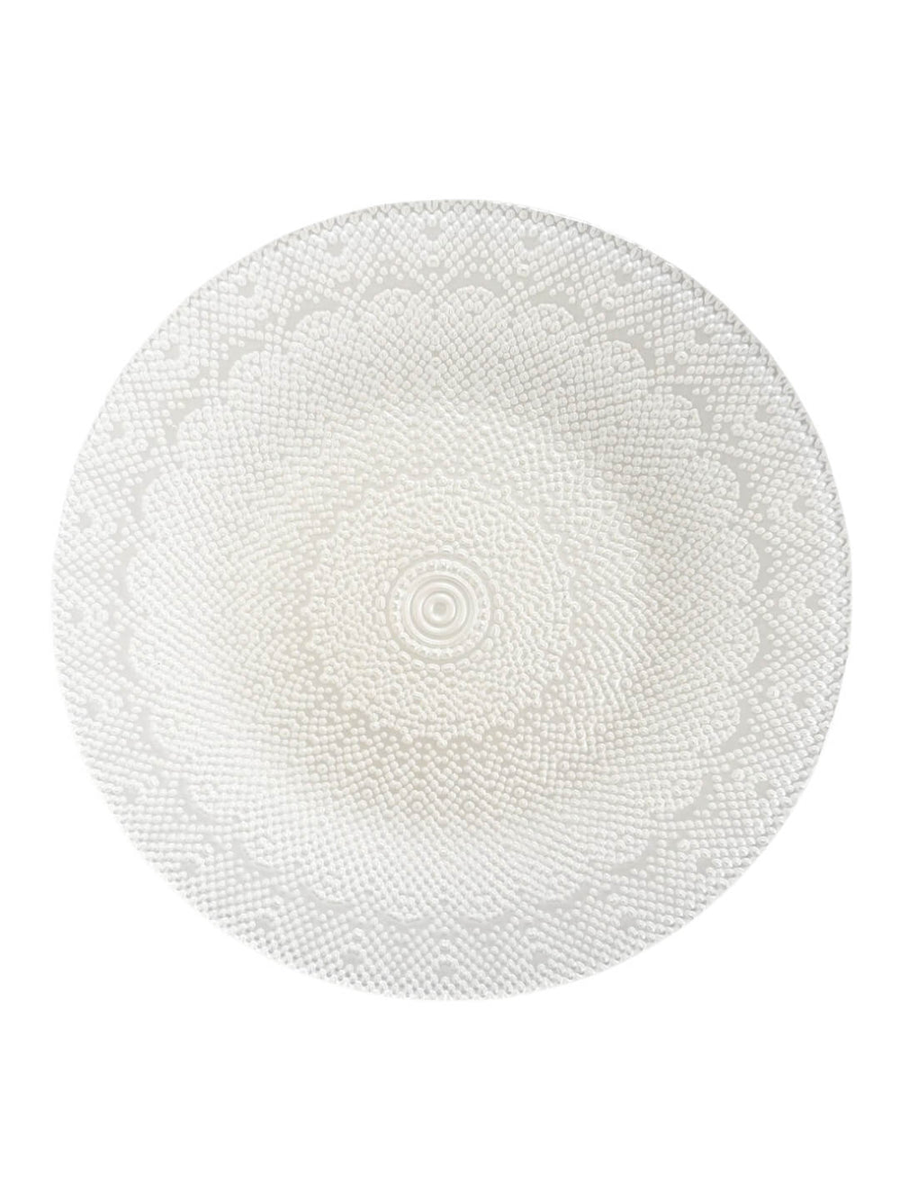 The Lucie Charger Plate is a round, white design with an intricate textured pattern of concentric circles and lace-like details—ideal for elegant wedding table decor.