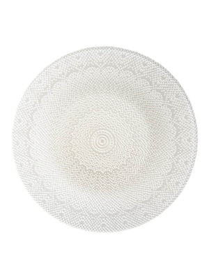 The Lucie Charger Plate is a round, white design with an intricate textured pattern of concentric circles and lace-like details—ideal for elegant wedding table decor.