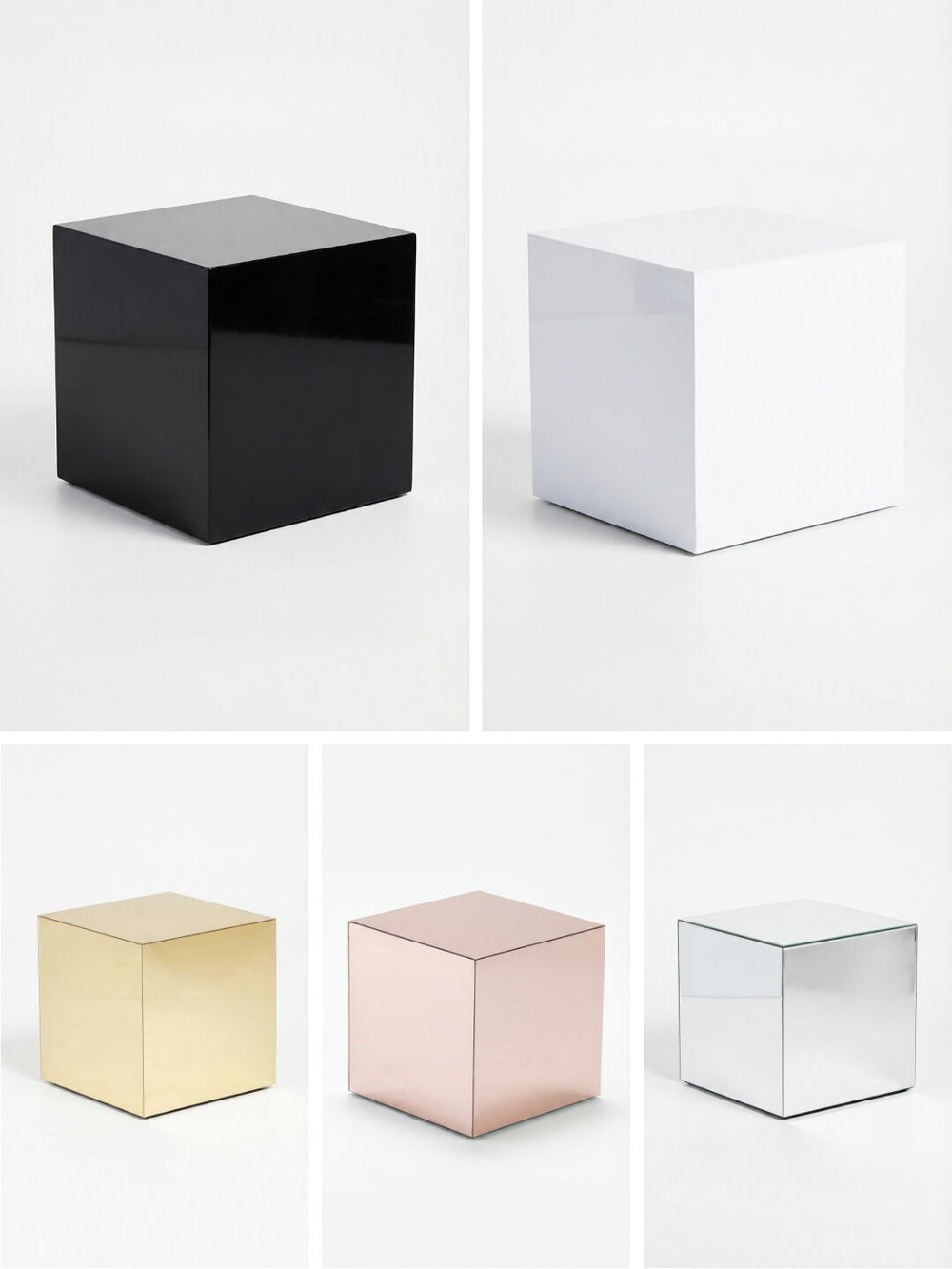 The Luxe Cube Collection features five glossy cube tables in black, white, gold, rose gold, and silver arranged in a grid on a white background—ideal for enhancing any event furniture setup.