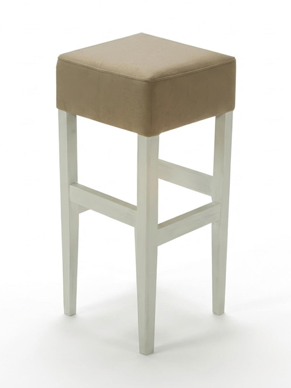The Maison Bar Stool features a tall, square design with a beige cushioned seat and white wooden legs, bringing French-inspired elegance to any space. Displayed against a plain white background.