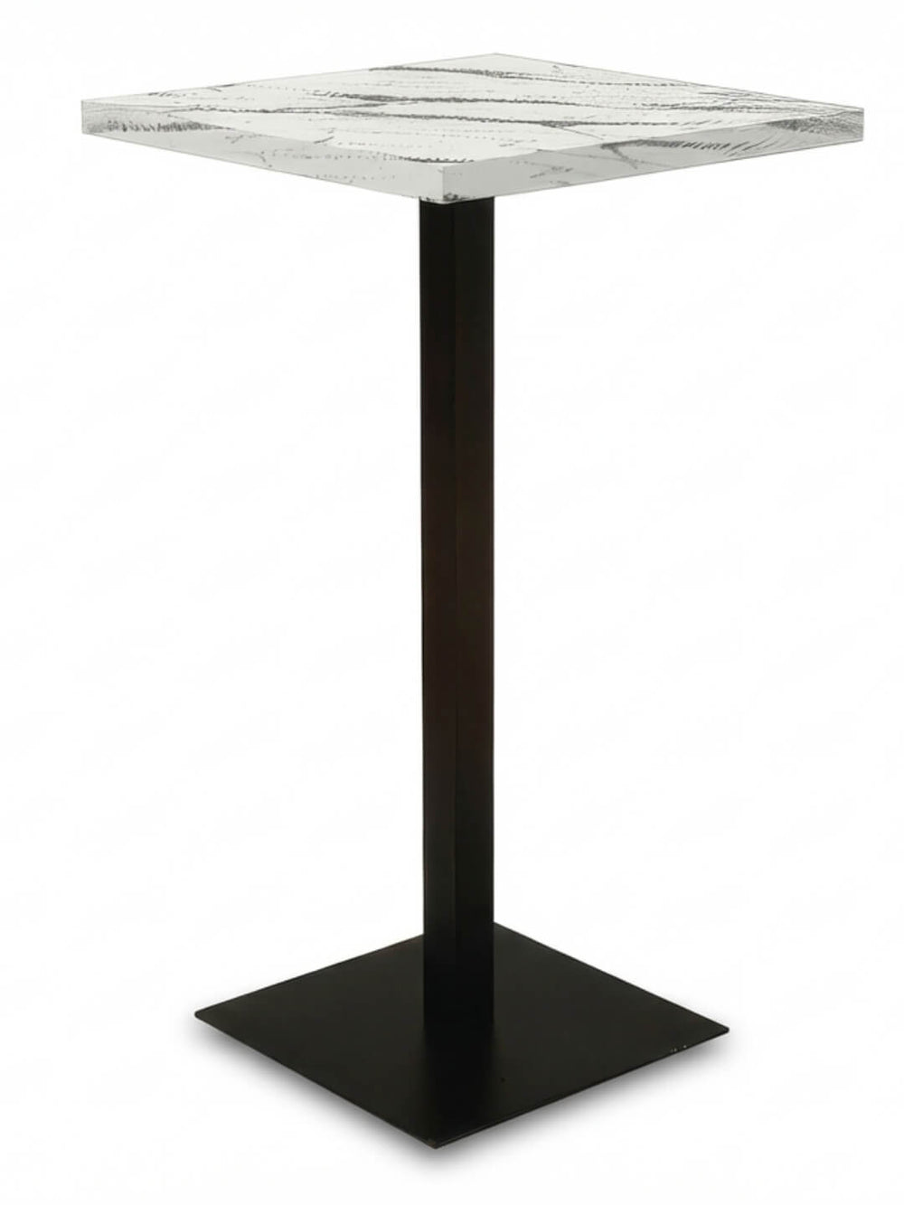 The Marbella Bar Table features a tall, square design with a white, textured marble-effect top adorned with abstract black lines and a sturdy black metal base—ideal for modern interiors.