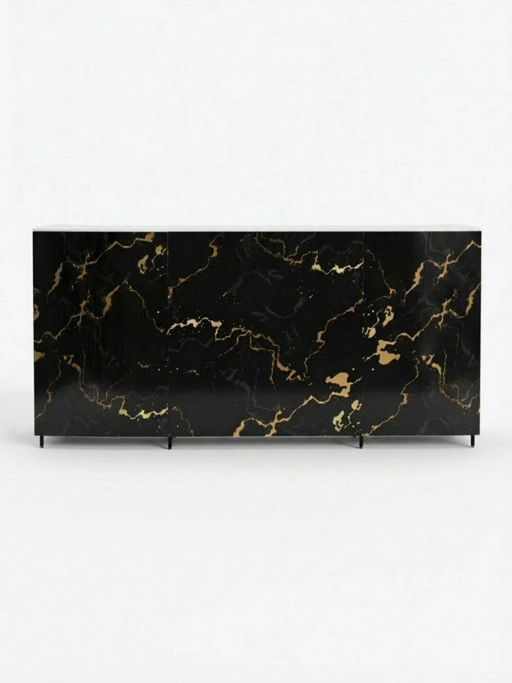 The Marble Bar features a modern white surface with a light gray marble pattern and a slim black metal frame, perfect for luxury bar rentals and photographed against a plain white background.