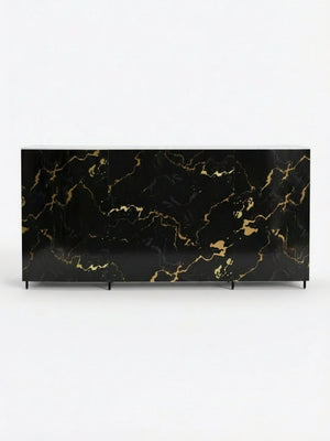 The Marble Bar is a modern sideboard with a glossy black finish and bold gold marble veining, featuring three compartments and slim black legs. Ideal as luxury bar furniture or a striking centerpiece, shown against a plain white background.