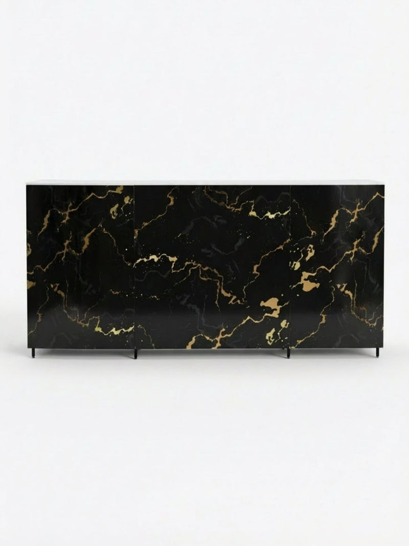 The Marble Bar is a modern sideboard with a glossy black finish and bold gold marble veining, featuring three compartments and slim black legs. Ideal as luxury bar furniture or a striking centerpiece, shown against a plain white background.