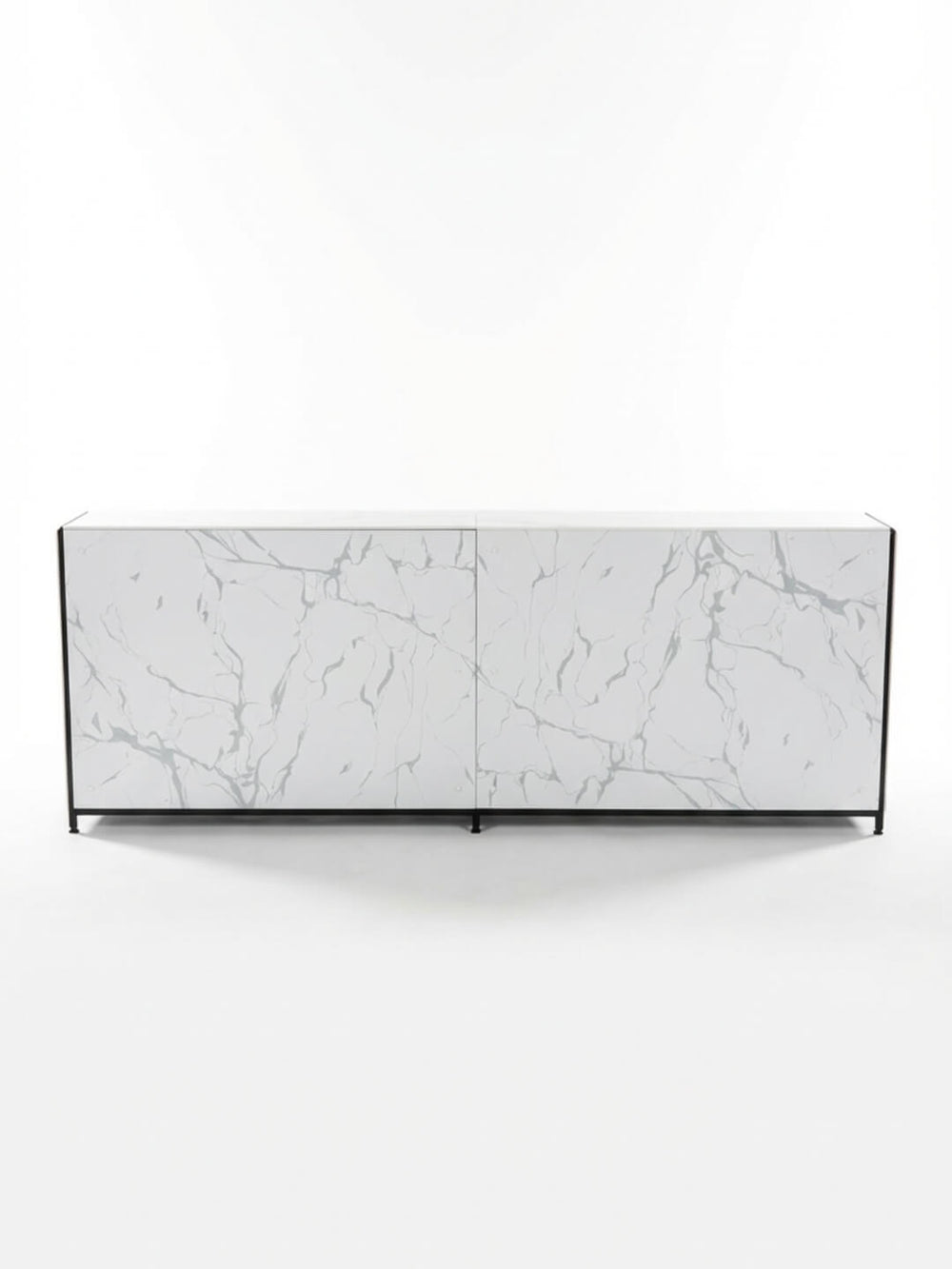 The Marble Bar features a modern white surface with a light gray marble pattern and a slim black metal frame, perfect for luxury bar rentals and photographed against a plain white background.