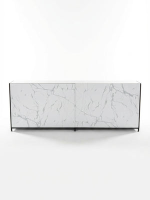 The Marble Bar features a modern white surface with a light gray marble pattern and a slim black metal frame, perfect for luxury bar rentals and photographed against a plain white background.