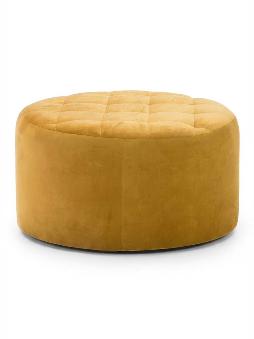 The Midas Pouffe is a round, mustard yellow, button-tufted ottoman with a cushioned top and smooth sides—ideal for luxury event seating—shown on a white background.