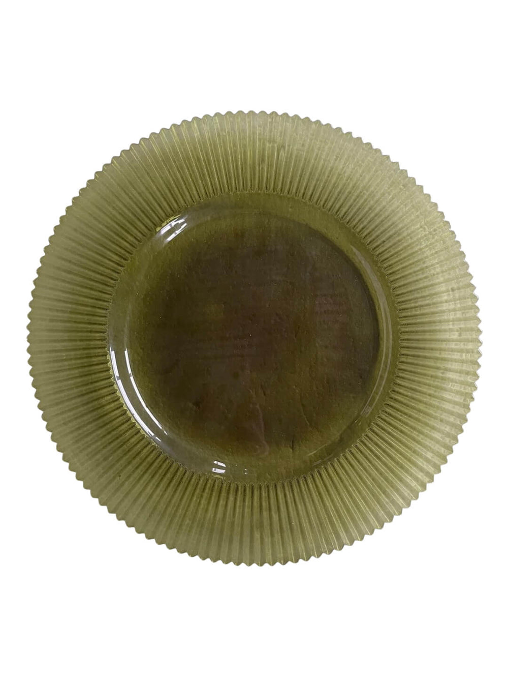 The Moss Charger Plate features a round, olive green glass design with a ribbed textured rim and glossy smooth center, adding elegant botanical decor to your table setting.