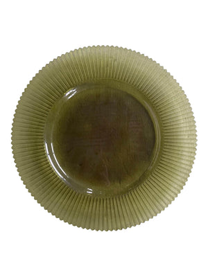 The Moss Charger Plate features a round, olive green glass design with a ribbed textured rim and glossy smooth center, adding elegant botanical decor to your table setting.