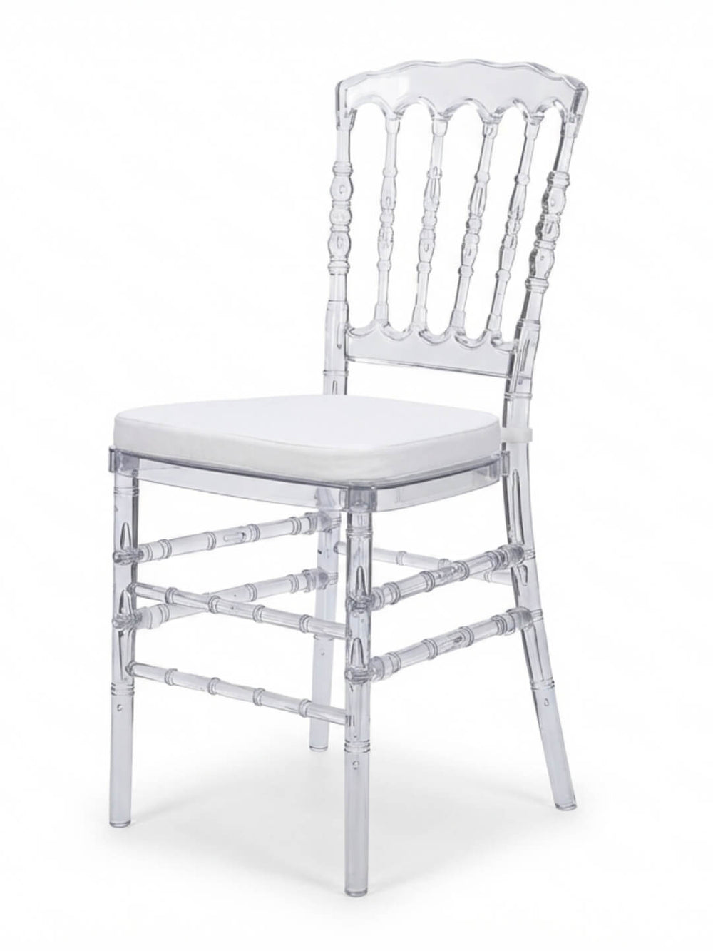 The Napoleon Ice Chair is a transparent acrylic event chair with a decorative spindle back, white seat cushion, and four straight legs for a modern, elegant appearance.