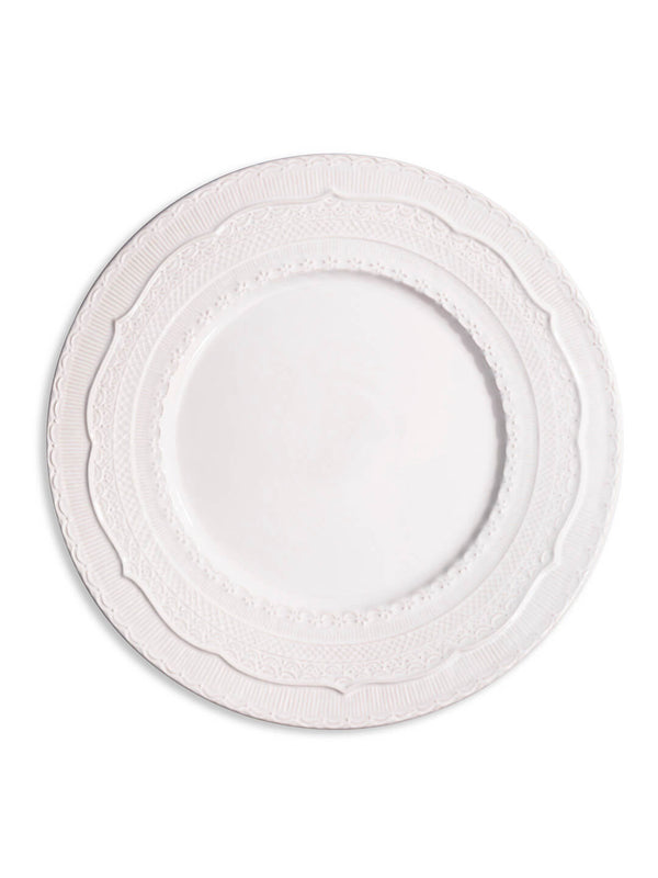 The Opaline Charger Plate, in ivory-white with an embossed decorative rim, is shown from above on a plain white background—ideal for an elegant table setting.