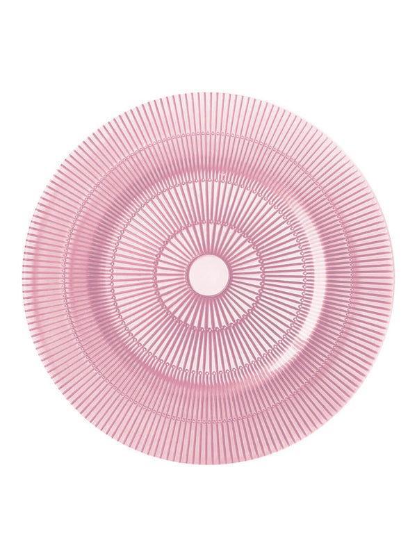 The Orbit Pink Charger Plate is a round, translucent pink plate with a sunburst pattern and small center circle, perfect for adding modern style to your table setting.