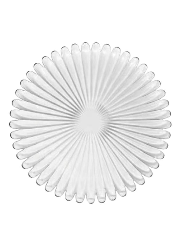 The Petra Clear Charger Plate showcases a round, clear form with a petal-inspired, radial pattern and scalloped edges—ideal for adding modern luxury to any tablescape.