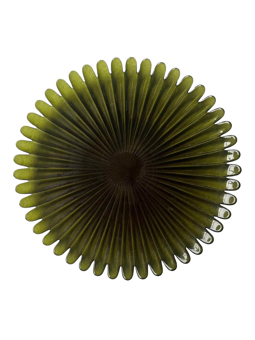 The Petra Olive Charger Plate is round and olive-green with a petal-inspired design, radiating pleats, and petal-like edges—ideal for rustic tablescapes. Shown from above on a white background.