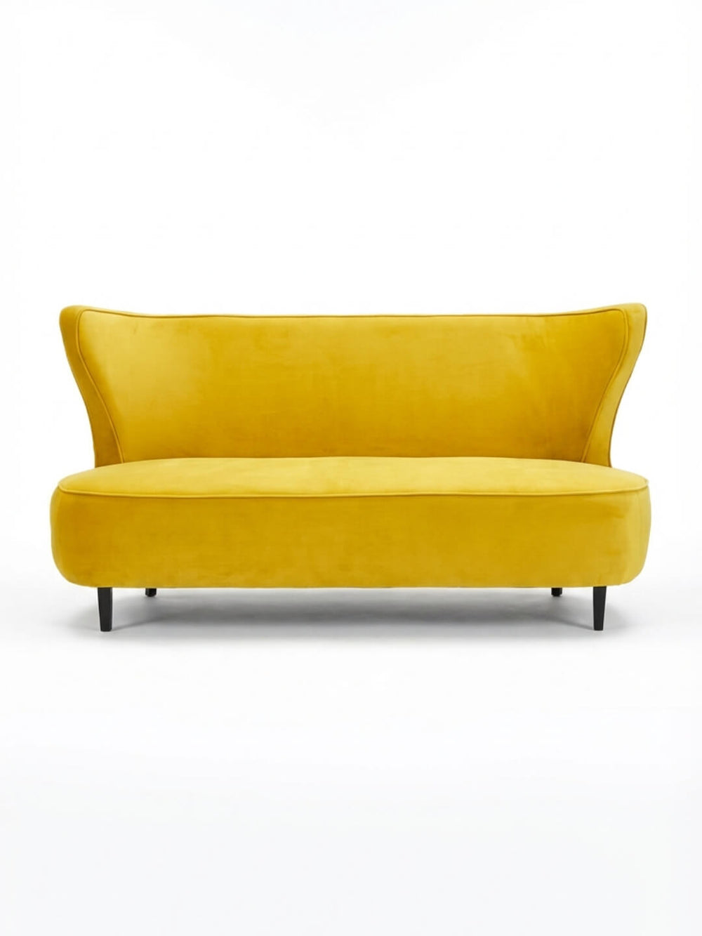 The Radiance Sofa features modern gold velvet upholstery, a high backrest, curved armrests, and short black legs—an ideal statement piece for stylish spaces or chic event seating against a plain white background.