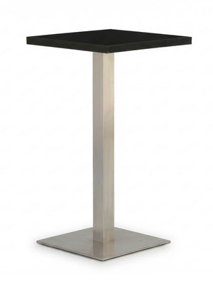 The Reflection Table Collection features a modern square table with a black top, metallic pedestal leg, and square metal base—perfect for event bar hire or customisable bar furniture.