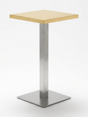Part of the Reflection Table Collection, this modern minimalist bar table features a square gold top, slim silver pedestal, and square base—ideal for luxury settings—shown against a plain white background.