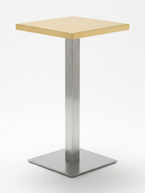 Part of the Reflection Table Collection, this modern minimalist bar table features a square gold top, slim silver pedestal, and square base—ideal for luxury settings—shown against a plain white background.