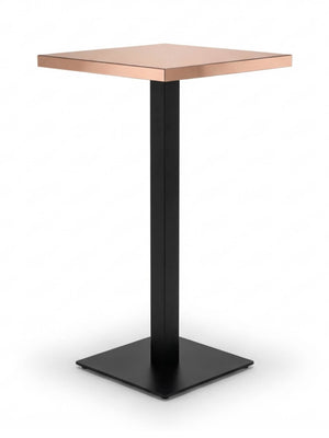 The Reflection Table Collection features a modern square bar table with a copper-colored top and black metal pedestal base, perfect for event bar hire or as customizable bar furniture, shown against a plain white background.