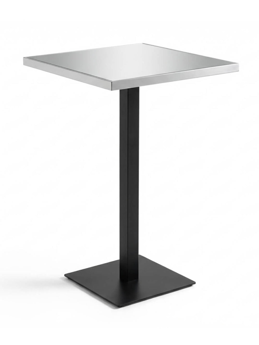 The Reflection Table Collection features a modern square bar table with a copper-colored top and black metal pedestal base, perfect for event bar hire or as customizable bar furniture, shown against a plain white background.