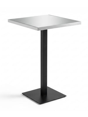 The Reflection Table Collection features a modern square table with a metallic top, black central pedestal, and flat square base—ideal for event bar hire or customizable bar setups—shown against a plain white background.