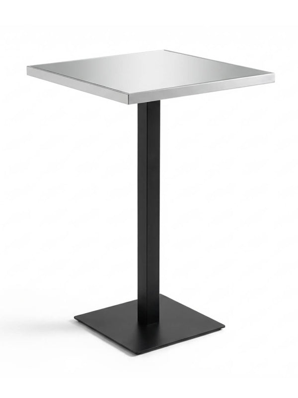 The Reflection Table Collection features a modern square table with a metallic top, black central pedestal, and flat square base—ideal for event bar hire or customizable bar setups—shown against a plain white background.
